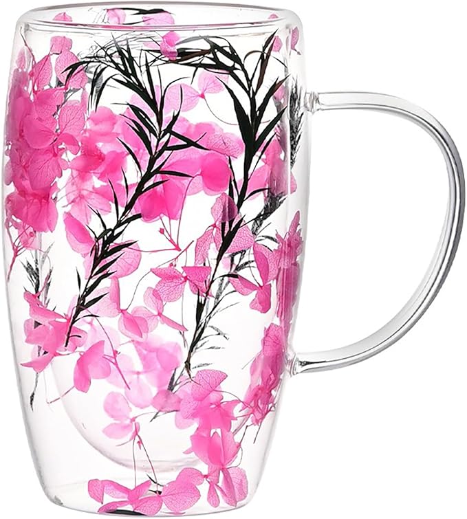 Creative Flowers Double Wall Clear Glass Coffee Mug with Handle, Aesthetic Dried Flowers Coffee Mug, Clear Double Insulated Glass Cup for Hot and Cold Beverages, Cappuccino, (A)