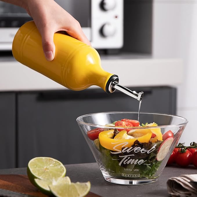 Sweejar Ceramic Olive Oil Dispenser Bottle, Opaque Oil Cruet Protects to Reduce Oxidation, Suitable for Storage Vinegar, Coffee Syrups & Other Liquids, Pack of 1, 15.5 Fl Oz(Yellow)
