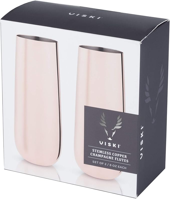 Viski Stemless Champagne Flutes, Stainless Steel Sparkling Wine Glasses for Prosecco, Sparkling Cocktails, Mimosas, Elegant Glassware for Wedding Gifts, Home Bar, 8 oz, Set of 2, Copper