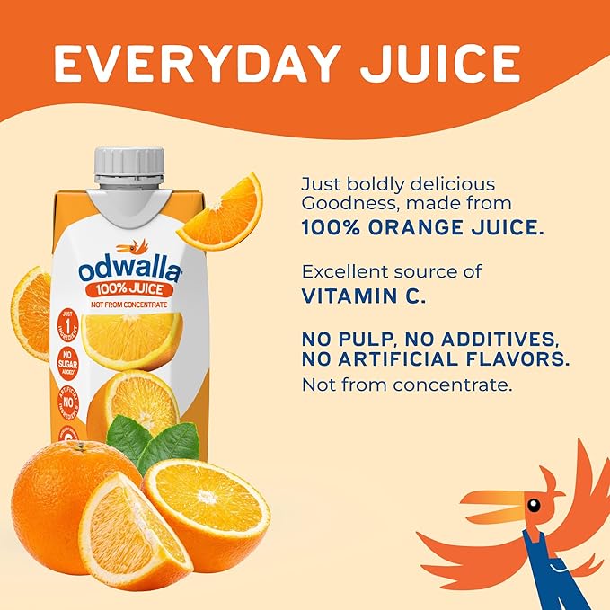 Odwalla Orange Juice, No Pulp - 100% Pure Orange Juice, Pulp Free - Vitamin C - No Added Sugar, No Artificial Ingredients, No Preservatives - 16 fl oz of OJ (12 Pack)
