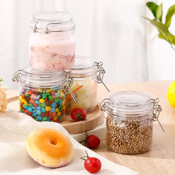 Suclain Plastic Storage Jars with Airtight Hinged Lids, Clear Wide Mouth Food Storage Containers Empty Bottles Sealed Jars for Home Kitchen Candy Herbs Spices Coffee Nuts(8 Pcs,10 Oz/300ml)