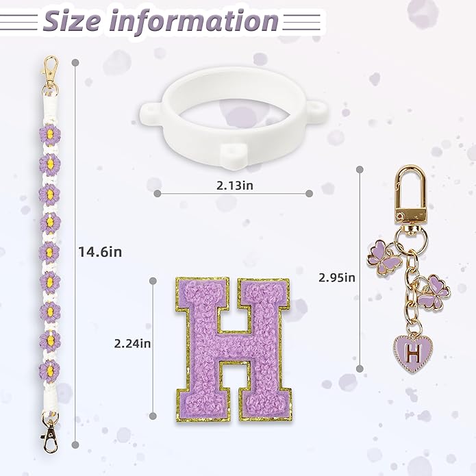 Compatible with Owala Water Bottle Accessories, Cute Letter Charm Set with Boho Handle Strap, Monogram Sticker, Silicone Ring, Keychain Decoration, for FreeSip 24 32 40oz, Owala Kids, Tumbler Gift