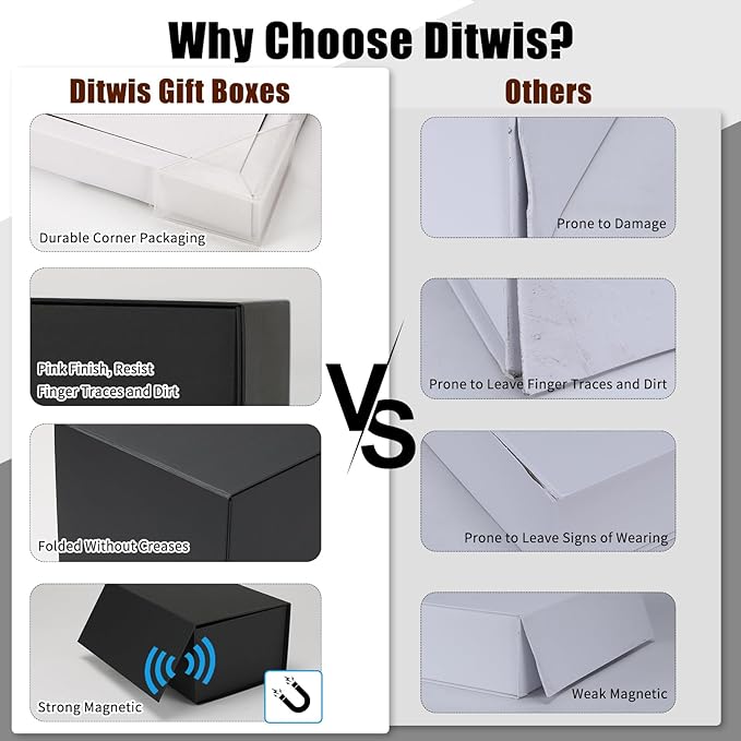 Ditwis 4 Pack 9x6x4 Inches Gift Boxes with Magnetic Closure Lids, Black Magnetic Box for Wedding, Groomsmen Bridesmaid Proposal, Birthdays, Mother's Day