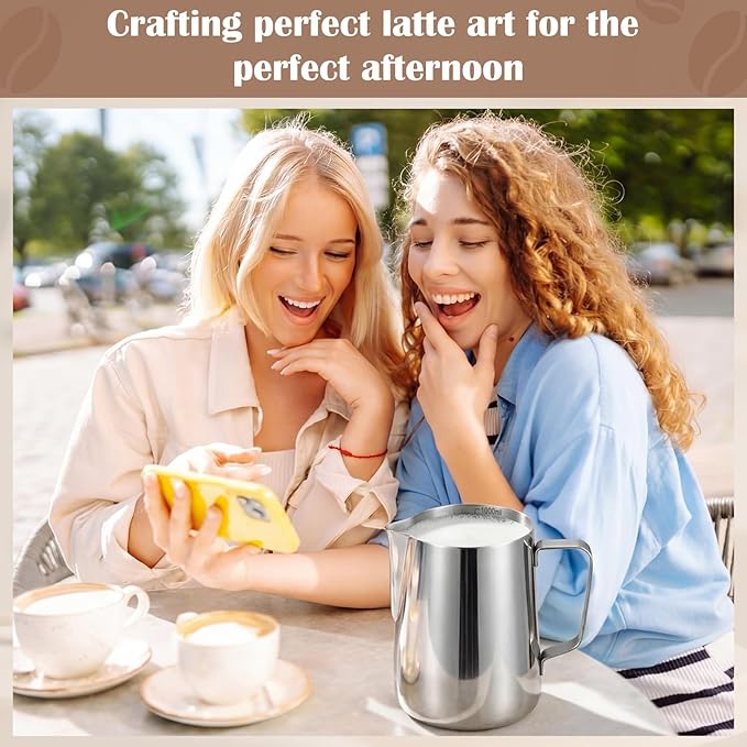 Honeydak 4 Pcs Milk Frothing Pitcher 304 Stainless Steel Steaming Pitchers for Coffee Bar Cappuccino Barista Tools Milk Jug Steamer Frother Cup (30 oz)