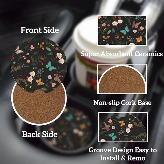 Car Cup Holder Coasters, 2 Pcs Ceramic Coasters with Finger Slot and Cork Back, Anti-Slip Shock Absorbing Women and Men Universal Car Accessories - Flower Butterfly