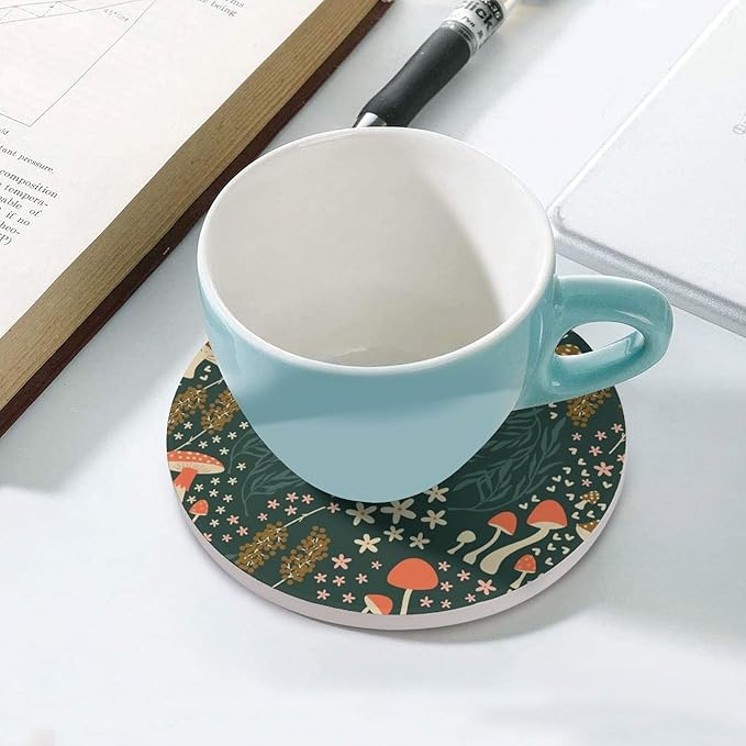 Round-6PCS Botanical Ceramic Coasters, Round Absorbent Drink Coasters, Cartoon Green Botanical Floral Leaves Mushroom Plant Ceramic Table Coasters for Coffee, Beverage, Wine, Beer Coasters