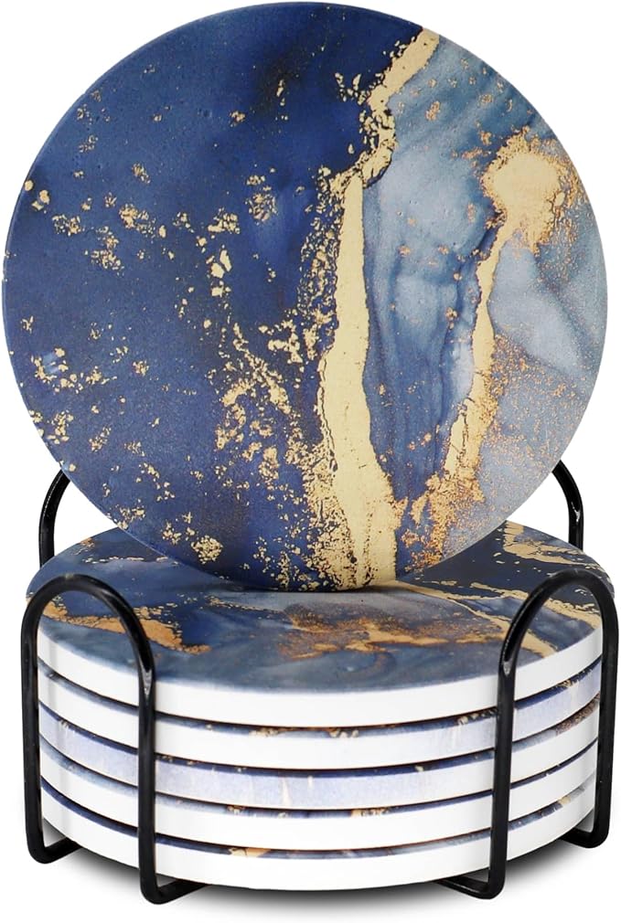 Navy Blue Marble Ceramic Coasters with Holder Absorbent Drink Coaster Set Outdoor Round Abstract Cute Table Decorative Coffee Cup Beverage Fun Wine Beer Bar Gold Housewarming 6 Pack