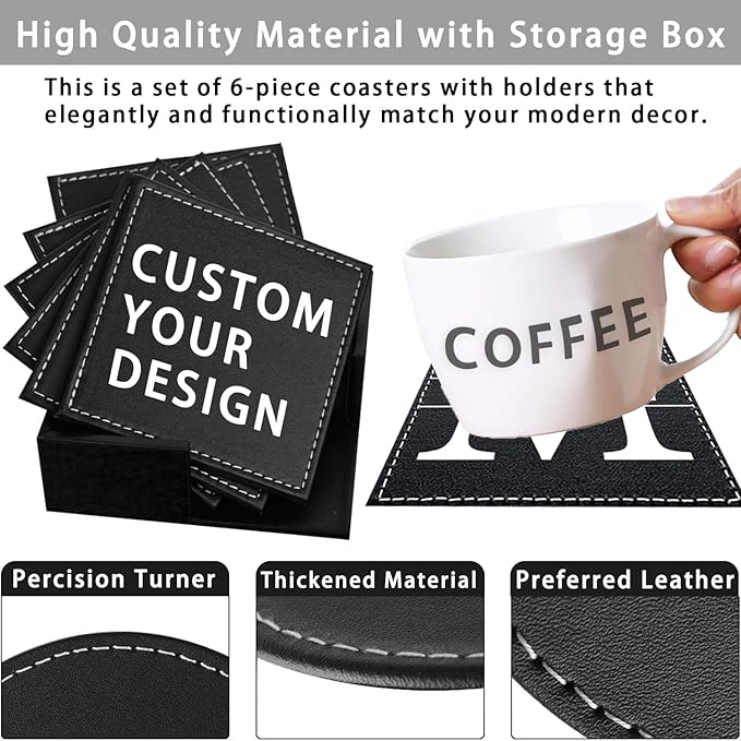 Personalized Coasters, Custom Set of 6 Leather Coaster for Drinks with Holder, DIY Name/Photo/Logo, Non-Slip, Heat Resistant, Waterproof for Coffee Table Bar Beer Wine Cup Housewarming