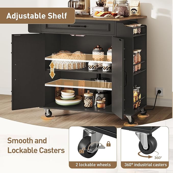 Kitchen Island with Power Outlets & Drop Leaf, Rolling Kitchen Cart on Wheels, Kitchen Storage Island with Spice Rack and Drawer for Kitchen, Dinning Room, Black and Rustic Brown