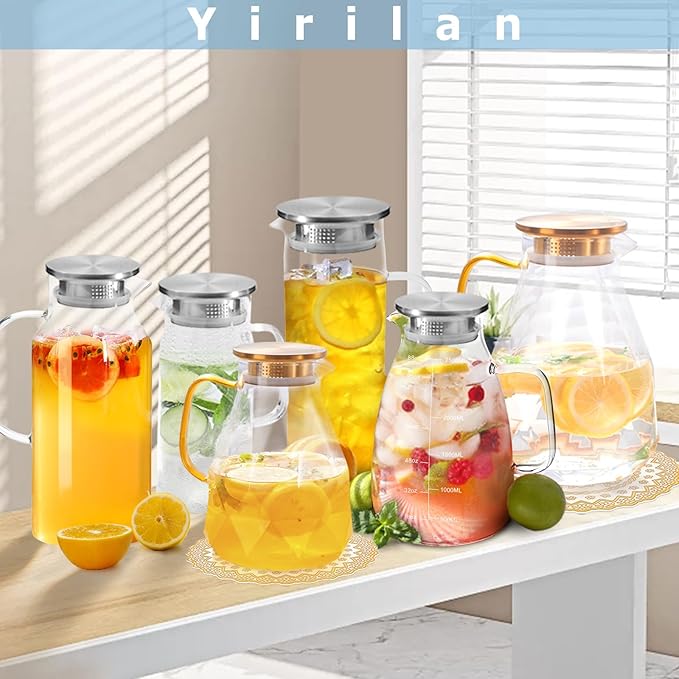 Yirilan Glass Pitcher, 2 Liter(68oz) Water Pitcher with Lid and Spout, Large Pitchers for Drinks, Water Carafe Jug, Beverage Pitchers