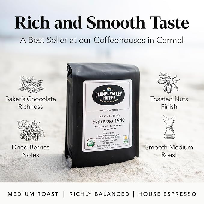 Carmel Valley Coffee Roasting Espresso 1940 – Organic Medium Roast, Africa, Central & South America - Notes of Dried Berries, Toasted Nuts & Baker’s Chocolate, Whole Bean Coffee, 12 Oz Bag, 1 Pack