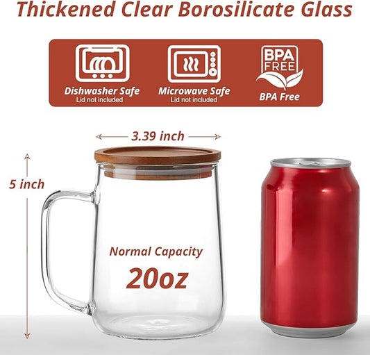 Glass Coffee Mugs, 20 oz Glass Coffee Cups with Acacia Wood Lids, Clear Borosilicate Glass Mugs with Handles for Cappuccino, Tea, Latte, Hot/Cold Beverages, Wine, Americano, Set of 2