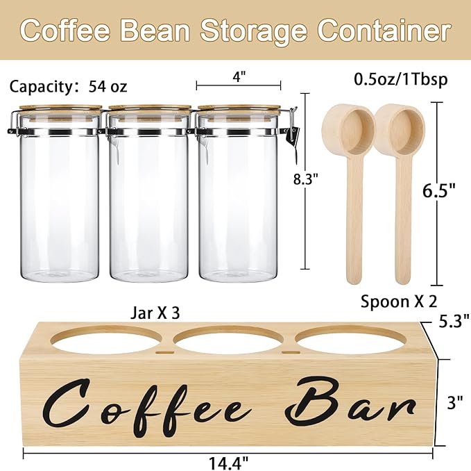 3 x 54 oz Glass Coffee Bean Storage Container with Shelf 3PCS Glass Containers with Airtight Locking Clamp Lid Spoons Coffee Canister Set Jars for Kitchen Food Storage Tea Sugar Wood
