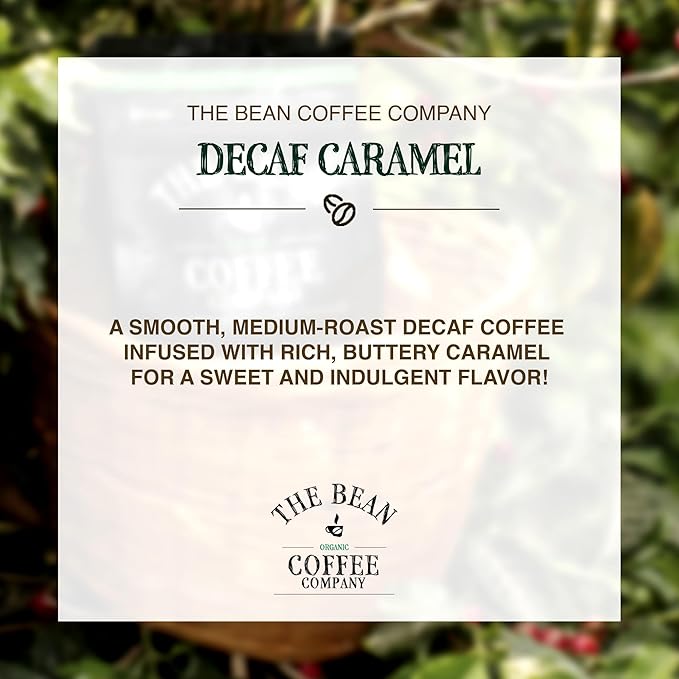 The Bean Organic Coffee Company Water Processed DECAF Caramel, Medium Roast, Ground Coffee, 16-Ounce Bags (Pack of 2), Café Molido Tostado Orgánico descafeinado