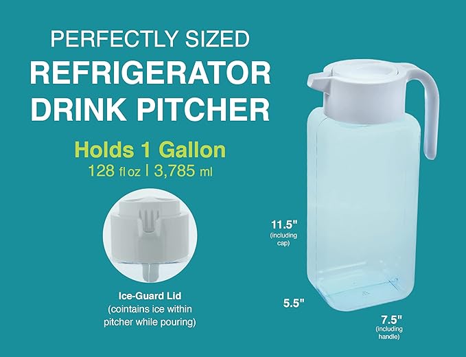 Arrow Home Products 1 Gallon Plastic Pitcher with Lid - Clear Plastic Pitcher for Refrigerator, Fill with Cold Drinks - BPA Free, Space-Saving Rectangular Design - Fill with Lemonade, Milk, Juice