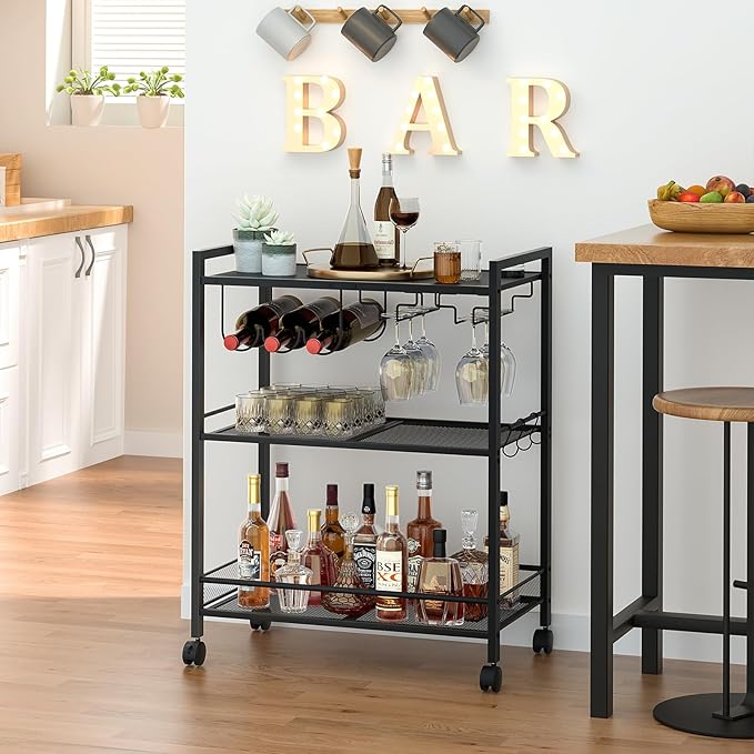 Bar Cart, Home Bar Serving Cart with 3-Tier Shelf,Microwave Cart with Lockable Wheels,Mobile Kitchen Shelf,Rolling Beverage Cart with Wine Rack and Glass Holder for Kitchen,Dinning Room,Black