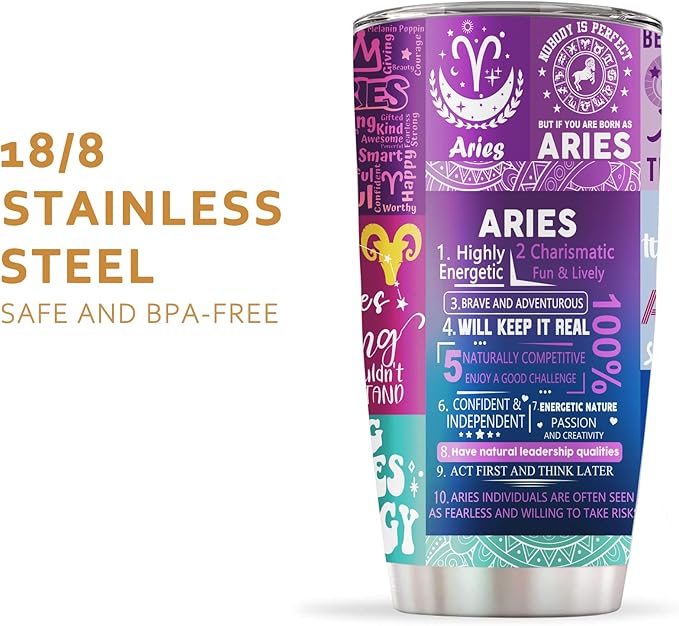 Aries Zodiac Tumbler - Birthday Gift for Women, Astrology Gothic Witchy Cup, Constellation Insulated Coffee Mug With Lid, 20 OZ