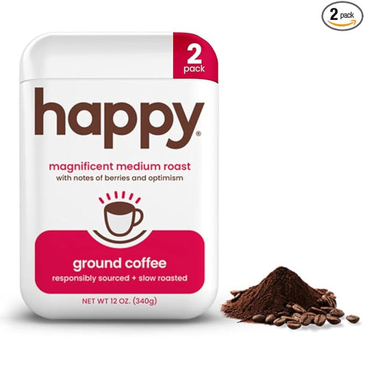 happy coffee medium roast ground coffee, 12 oz 2 pack., notes of berries & optimism, recyclable container, grown & harvested in Brazil & Colombia, raíz sustainability verified