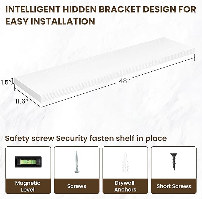 48 Inch Floating Shelves, 12 Inch Deep Floating Shelves for Wall, Floating Shelf with Invisible Brackets, Deep Wall Shelves for Bathroom, Bedroom, Living Room, 1 Pack, White