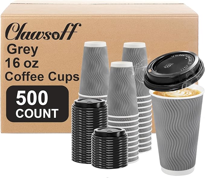 Clawsoff 500 Pack Coffee Cups with Lids 16oz, Disposable Insulated Ripple Wall To Go Paper Coffee Cups for Hot/Cold Drinks Office Home Shop Event (Grey)