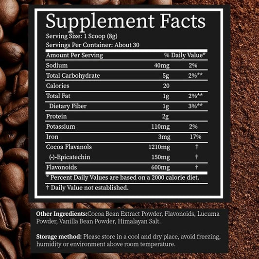 High Flavanol Cocoa Powder, 1200mg Flavanols per Serving, Natural Unsweetened Dutch Cocoa for Baking, Cooking & Beverages, Rich Dark Chocolate Flavor (01)