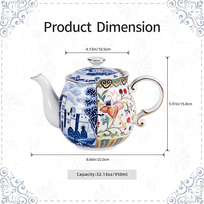 KAMMAK Teapot with Handle, Vintage Porcelain Tea Pot with Gold Trim, Blooming & Loose Leaf Teapot, Festive Holiday Serveware, Gifts for Women, Doucai - 32 oz