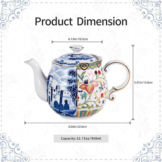 KAMMAK Teapot with Handle, Vintage Porcelain Tea Pot with Gold Trim, Blooming & Loose Leaf Teapot, Festive Holiday Serveware, Gifts for Women, Doucai - 32 oz