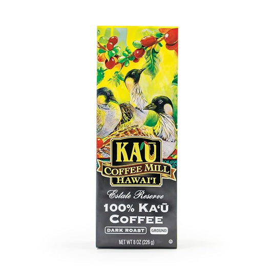 Ka'u Coffee Mill Estate Reserve Dark Roast Ground Coffee - Rich Chocolate Notes - Pure Ka'u Coffee - Specialty Roast - Handpicked Hawaii Grown Arabica Beans - Gourmet Small Batch - 8oz