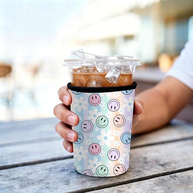 Neoprene Iced Coffee Sleeve 3 Pack, Reusable Insulated Coffee Cup Sleeves with Cute Smiley Face & Daisy Pattern, Fits 16–32 oz Tumblers, Compatible with Starbucks & Dunkin