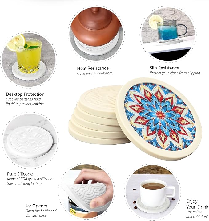 Indigo Floral Non-Slip Silicone Coasters, 4-Pack Double-Sided Absorbent Cup Mats for Hot & Cold Drinks, Scratch & Water Ring Protection for Wood Tables, Home Office Bar Use (4PC Wanda La)