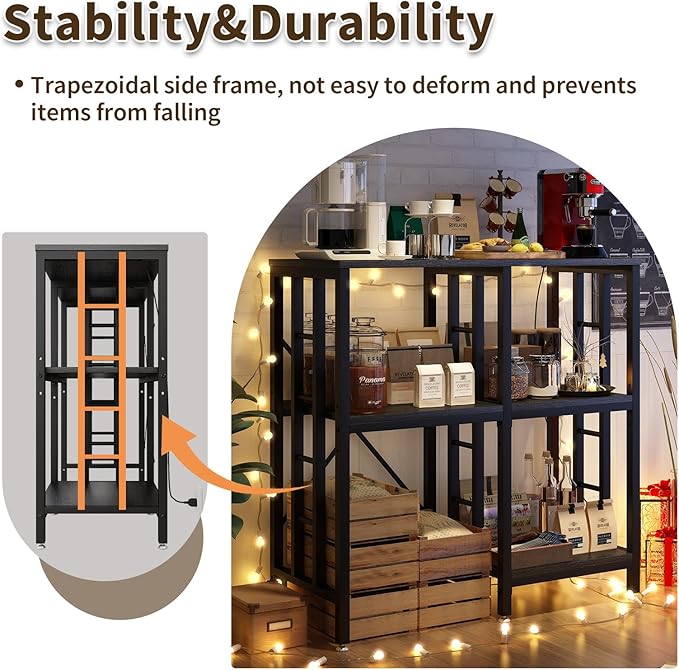 Adjustable Kitchen Bakers Rack with Power Outlet,4-Tier Microwave Stand Kitchen Cart,Mini Fridge Stand with Storage,Bar Cabinet,Suitable for Office,Coffee Bar,Living Room,Patio, Black