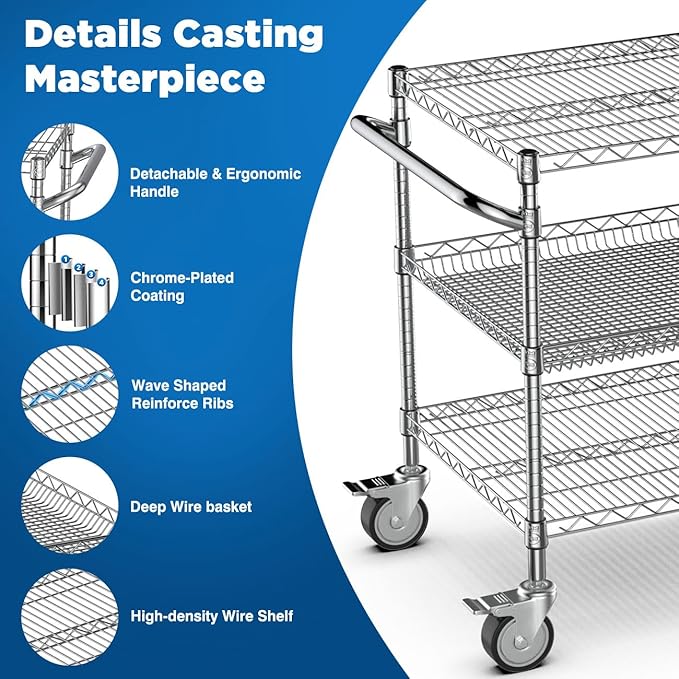 Leteuke Heavy Duty Rolling Utility Cart, 45 Inch Kitchen Carts with Wheels, NSF Commercial Grade with Handle & Shelf Liners, 1120LBS Storage Cart for Kitchen,Restaurant,Plant Display-Chrome