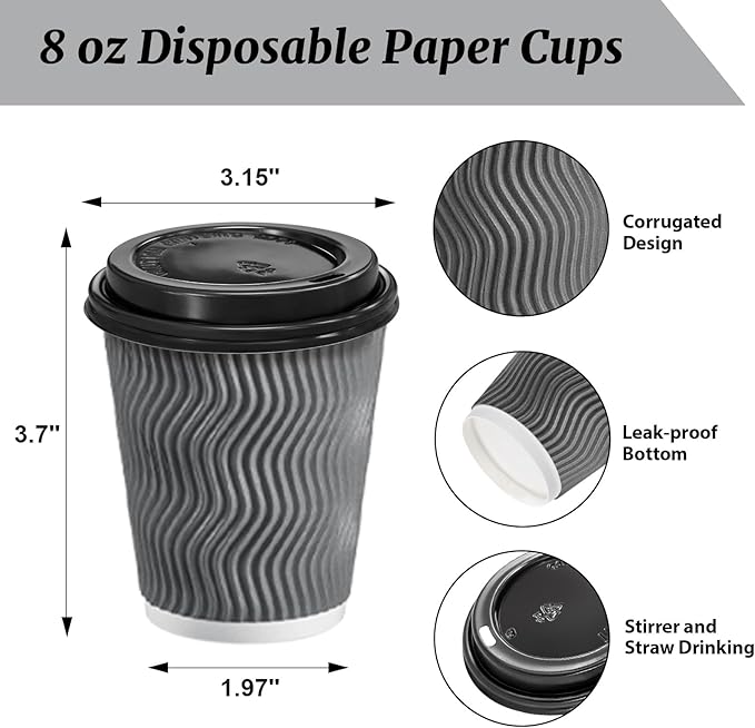 Clawsoff 100 Pack 8 oz Disposable Coffee Cups with Lids, Insulated Ripple Wall To-Go Paper Coffee Cups Suitable for Chocolate Cocoa and Hot/Cold Drinks (Grey)