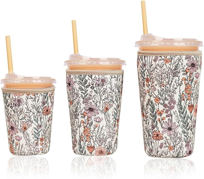 Reusable Insulated Neoprene Iced Coffee Cup Sleeve, Durable Drink Sleeve for Cold Beverages, Beverage Holder for Iced Coffee, Bloom Magic