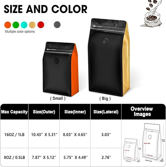 Coffee Bags with Valve(60pcs,16oz,1lb) Vented Coffee Beans Packaging Bags High Barrier Aluminumed Foil Flat Bottom Heat Sealed Side Zipper Resealable Storage Bag for Home or Business（Black+Orange）