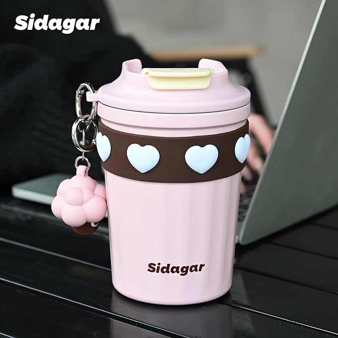 12 oz Travel Coffee Mug Spill Proof Leak Proof, Stainless Steel Thermal Coffee Cup with Lid, Resuable Cup for Hot and Cold, Portable Tumbler for Women, Light Pink