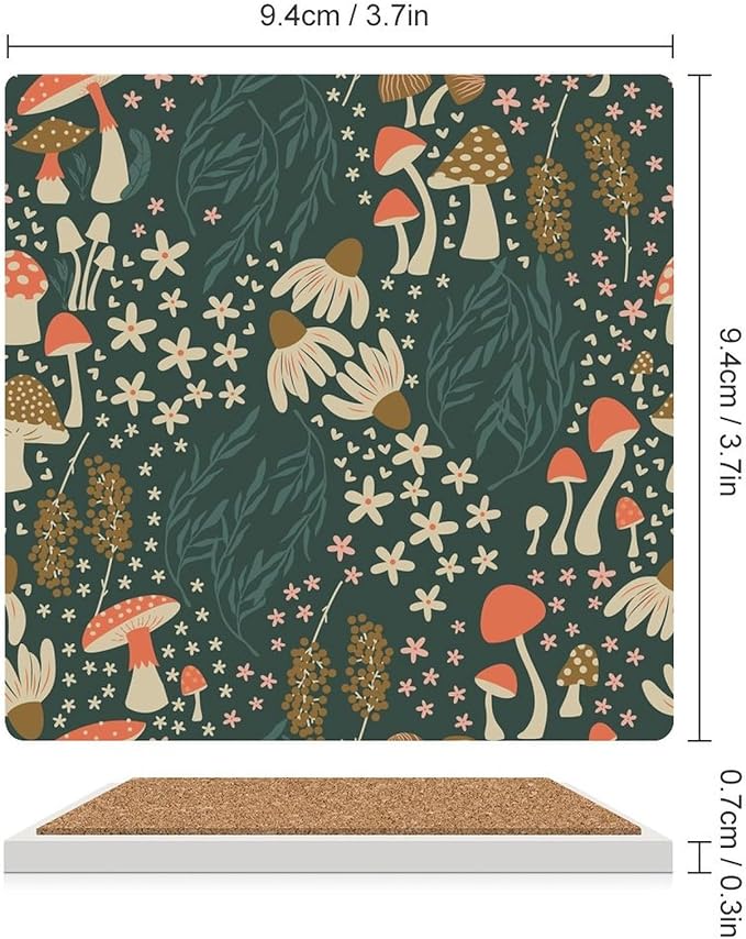 Square-4PCS Botanical Drink Coasters, Square Modern Ceramic Absorbent Coasters, Cartoon Green Botanical Floral Leaves Mushroom Plant Decor Desk Coffee Table Coaster for Beverage Cup Tea Coasters