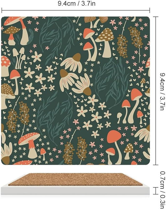 Square-4PCS Botanical Drink Coasters, Square Modern Ceramic Absorbent Coasters, Cartoon Green Botanical Floral Leaves Mushroom Plant Decor Desk Coffee Table Coaster for Beverage Cup Tea Coasters