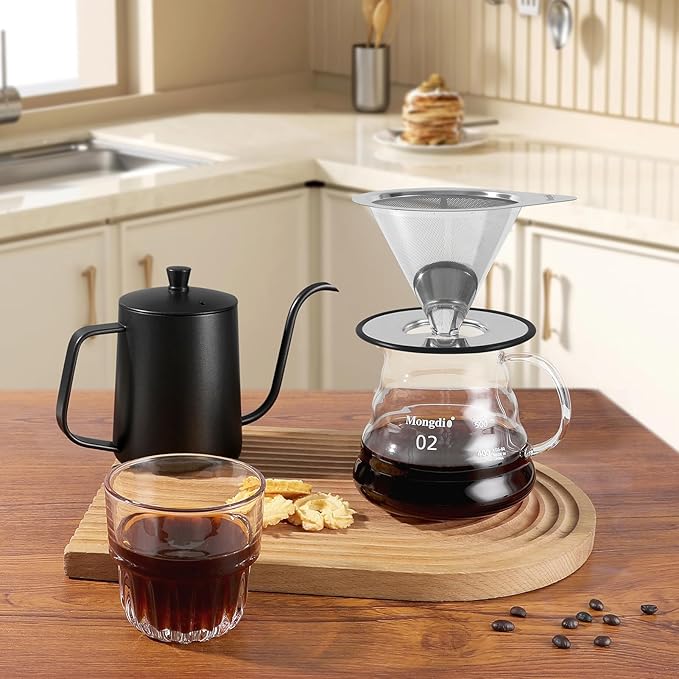 Mongdio Pour Over Coffee Dripper, Stainless Steel Coffee Dripper, Reusable Metal Coffee Filter, Double Mesh Design of Pour Over Coffee Maker with Removable Base, 1-2 Cups