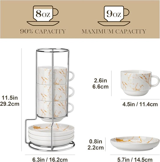 MALACASA 8 OZ Porcelain Espresso Cups with Saucers and Metal Stand Set of 4, Stackable Cappuccino Cups, Marble White Expresso Shots Cup Set for Coffee Drinks, Latte, Tea
