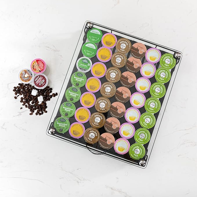 ZCDCP K Cup Holder Drawer Storage,with Crystal Tempered Glass Top,Compatible with K-Cups,Office Kitchen Counter Organizer,(42 pods)