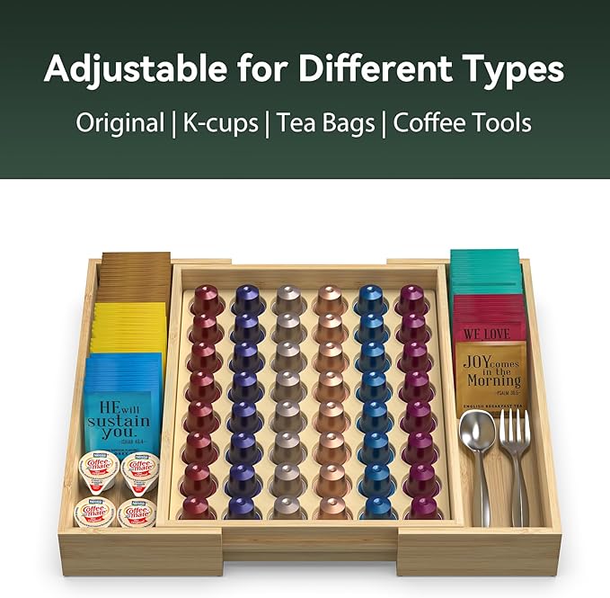 for Nespresso Original Capsules - Expandable Bamboo Coffee Pod Storgae for Counter Drawer Insert - 48 Capsules & Tea Bags Organizer (Expands from 11.6” to 18”)