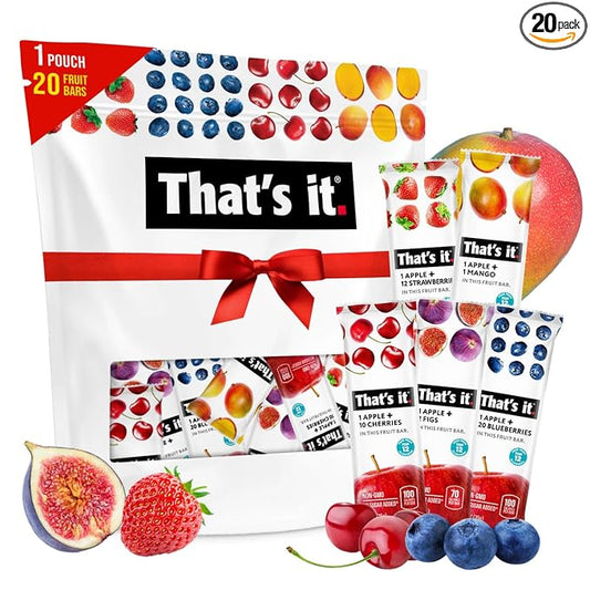 That’s it. Fruit Bars Variety Pack (20 Pack) | 100% Natural Fruit Snacks, Gluten-Free, Vegan & Low Carb | Healthy Snack Bars – Strawberry, Mango, Blueberry, Cherry & Fig