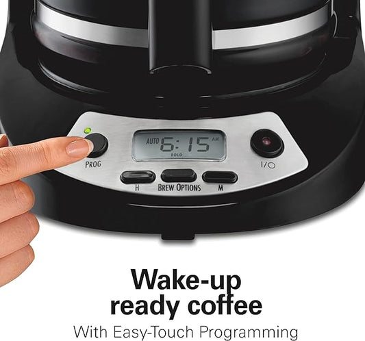 Hamilton Beach 12 Cup Programmable Drip Coffee Maker Machine, Regular & Bold Brew Options, Auto Pause and Pour, Glass Carafe, Black with Stainless Accents (46299J)