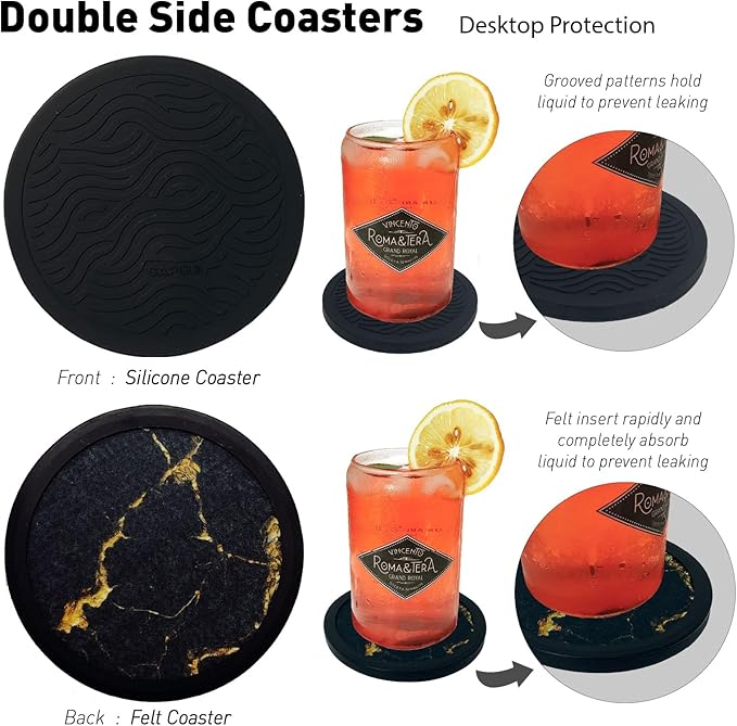 Set of 6 Non-Slip Silicone Coasters with Holder, Double-Sided Absorbent for Hot/Cold Drinks, Scratch & Water Ring Protection for Wood Tables, Home Office Bar, Black Gold Marble (Black Gold Pattern)