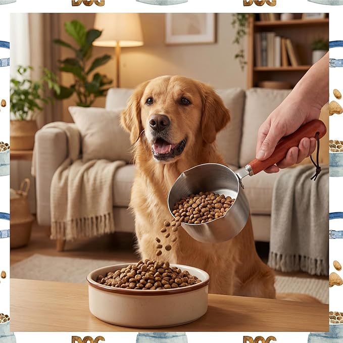 Ashmacdo 2 Cup Dog Food Scoop 304 Stainless Steel Dog Food Measuring Cups Metal Pet Scooper with Inner Precision Scale Measurement for Dogs, Cats, Birds & Rabbits