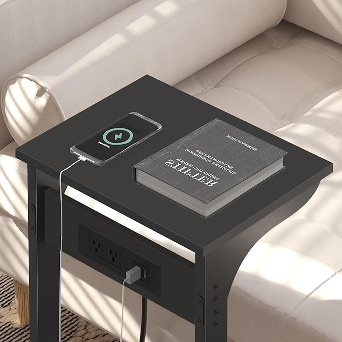 TUTOTAK C Shaped End Table with Charging Station, Set of 2, Couch Table, Tv Tray Table with 2 USB Ports and Outlets, Sofa Side Table for Small Spaces, Living Room, Bedroom TB01BK0442