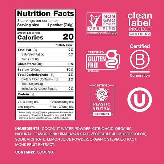 Cure Hydration Plant-Based Electrolyte Drink Mix | No Added Sugar | Dehydration Relief | Coconut Water Powder | FSA-HSA Eligible | Non-GMO, Vegan | 8 Packets – Tropical Punch