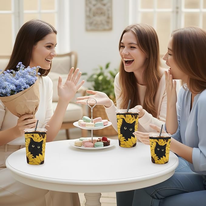 Iced Coffee Sleeve Reusable Cup Sleeves for Cold Drinks Neoprene Koozie Cozy Plastic Cup Covers for Drinks, Sunflower Cat