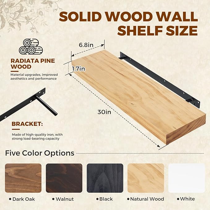 Floating Wall Shelves 30x6.8x1.7 Inch – Solid Wood Rustic Shelves in Natural Wood Finish – Wall Mounted Heavy Duty Display Shelf for Kitchen, Bedroom, Living Room – Set of 2